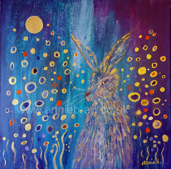 This cheeky golden hare hides amongst the abstract quality of this painting - inspired by the wonderful Klimt . gold on deep turquoise  Beautiful fine art giclee HARE print. animal wisdom Worldwide delivery. Cornish artist annie b.