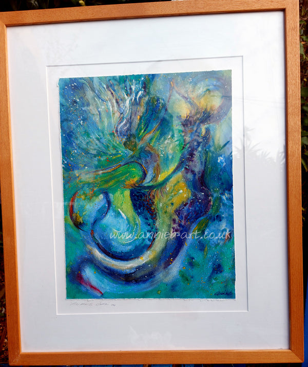 mermaid dance painting in blue turquoise  magical art.