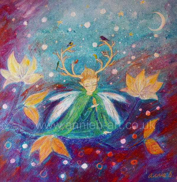 The magical faery nature spirit with antlers full of birds sits, holding a small golden bird... Original mixed media painting in jewel colours and gold on deep edge box canvas ready for your walls. Spiritual art. Klimt style art. Faery nature spirit paintings.  Animal wisdom. birds. Goddess. Ellen of the ways. Pagan. Fairy art.