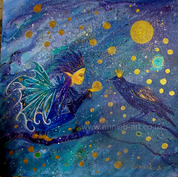 The magical faery nature spirit sits amongst a magical sky of golden orbs with her friend Raven.... Faery mystical art to inspire and uplift.