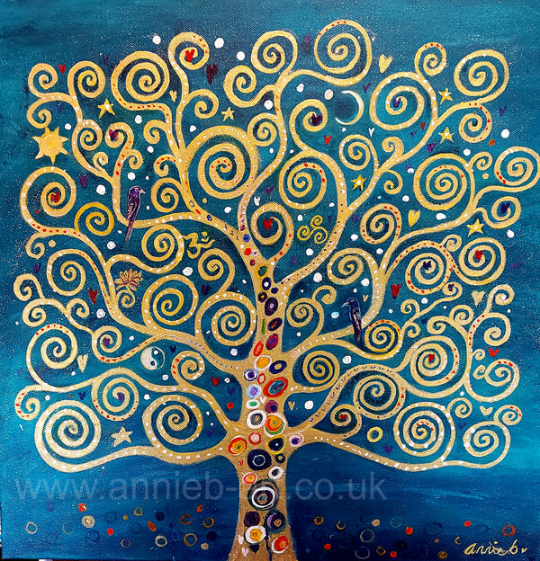 This magical Tree of life, golden against a rich turquoise background.&nbsp; Inspired by the deep symbolism of the Tree of life and all that represents (see below) and Klimt's Tree of life but with some added annie b. magic in the form of lots of divine symbols Aum lotus flower raven