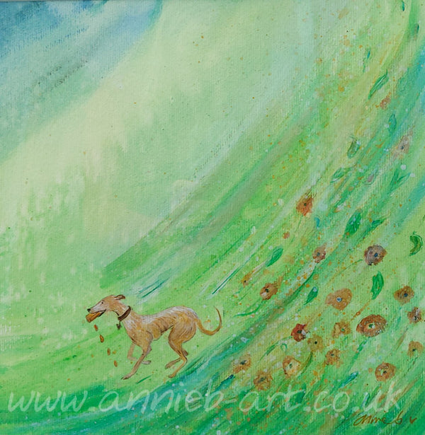 greyhound. Goldie and his bowl of hope dog painting. Golden retriever. retriever dogs.  pet portraits A mixed medium  painting on watercolour paper mounted, and framed in a light wooden frame  ready for your walls to uplift any space by annie b. dog paintings. cute dogs. 