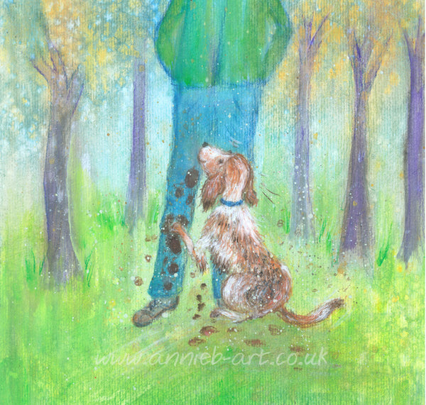 muddy paws . dog in woods.   pet portraits. spaniel sprocker cocker spaniel A mixed medium  painting on watercolour paper mounted, and framed in a light wooden frame  ready for your walls to uplift any space by annie b. dog paintings. cute dogs.