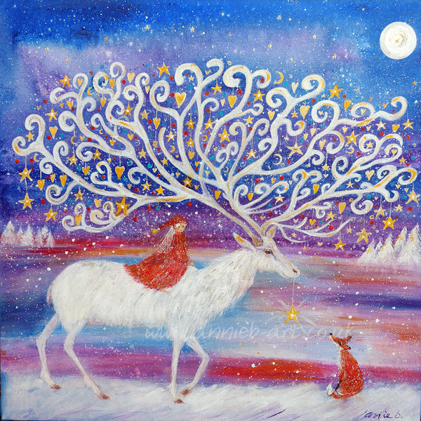 The fairy rides a magical white stag with antlers like a tree with shining stars and baubles to meet her friend fox in a magical wonderland.  Magical art to uplift and inspire. 