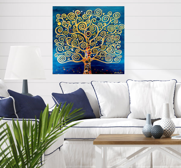 This magical Tree of life, golden against a rich turquoise background.&nbsp; Inspired by the deep symbolism of the Tree of life and all that represents (see below) and Klimt's Tree of life but with some added annie b. magic in the form of lots of divine symbols  Aum lotus flower raven