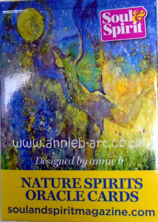 A deck of 34 Nature Spirit Oracle cards channelled by annie b. to help you connect with the magical Nature Spirits for inspiration on life's journey, for they teach us natures' way bringing peacefulness, joy and harmony into our lives.  Card size 87mm x 62mm.  Wholesale prices available on enquiry.   These cards have been featured in Soul & Spirit Magazine.