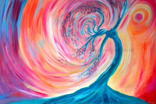 Fine art landscape print of a wild tree goddess dances wild and free to a vibrant background of oranges, pink and yellow swirls connecting to all there is with wild joyful freedom.  We are all connected.  Steiner inspired art.