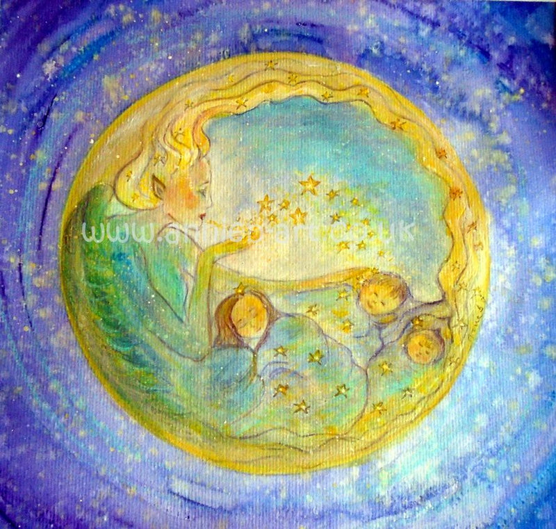 'Moon Spirit' original painting in mixed media on watercolour  paper with a hint of sparkle- framed in natural wooden frame.   Moon spirit blows star blessings over the children as they sleep in this magical painting full of love and wonder.  Framed size - 46cm x 46cm (18" x 18")  As featured in my 'Nature spirits Oracle cards'