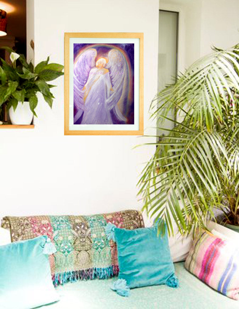 Original sacred large painting of Archangel Gabriel  Mixed medium on hand made paper with a hint of sparkle -image size 72xm x 59cm plus mount and frame  Archangel Gabriel is the messenger from God and often appears to help us with a new direction in life.   He is also a great teacher and assist writers, poets, artists and planners.  Gabriel will watch over your children to help with communication skills, give us strength to keep going.  If you see lots of rainbows know he is close by. 