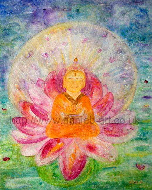 Buddha sits smiling in a pink lotus flower under a full moon in the lily pond.  A water colour style painting of bright colours to fill our home, office or yoga studio with joy and remind us there is no way to happiness, happiness is the way.  Portrait fine art print available with two options to choose from printed in Cornwall: