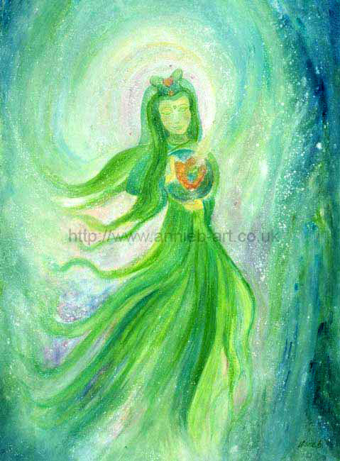 A gentle painting of Kuan Yin - the  Buddhist Goddess of Compassion.  She dances in a swirl of spiritual light  in healing green robes, holding a heart of love.  Tune in to her gentle energy and let her transform all your worries  into light.  Portrait fine art print available with two options to choose from: