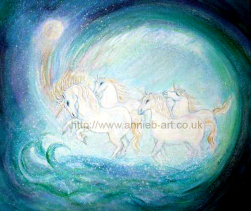 Four white horse unicorns frolic in the ocean waves under a magical full moon.   Landscape fine art print available with two options to choose from printed in Cornwall: