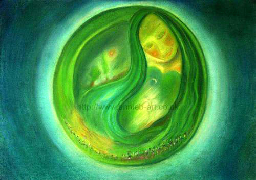 A pastel image of nurturing mother earth - Gaia.  She is shown in soft heart chakra greens and holds all of the world in her loving arms.  Landscape  fine art print available with two options to choose from printed in Cornwall: