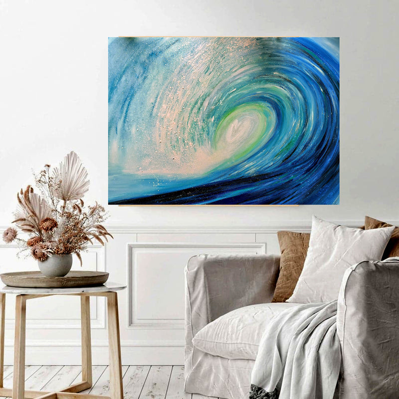 Beach art. This magical painting by Cornish artist annie b. captures the wonderful light and magic of the Atlantic ocean waves and the feeling of the joy and love it brings  A mixed medium painting on deep edge boxed canvas  ready for your walls to uplift any space in your home or workspace  Painting size -  -  60cm x 60cm