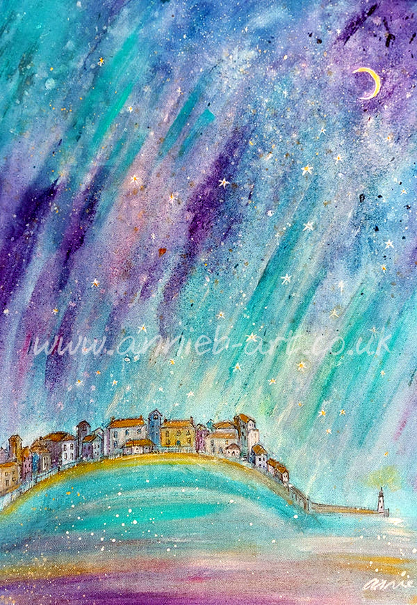This magical painting by Cornish artist annie b. captures the wonderful light and starry sky magic of the  St. Ives harbour, Cornwall   A mixed medium painting on deep edge boxed canvas with a hint of sparkle, ready for your walls to uplift any space in your home or workspace