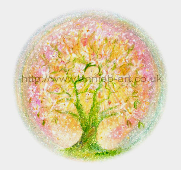This gentle painting shows a mother gazing down at her baby within a beautiful tree in soft pinks, yellows and green and was inspired by the deep connection of mother and baby after my son was born and the cycle of life.. From the earth comes the mother, from the mother comes the child, from the child comes the light, from the light comes the earth...  Square format fine art print available with two options to choose from printed in Cornwall: