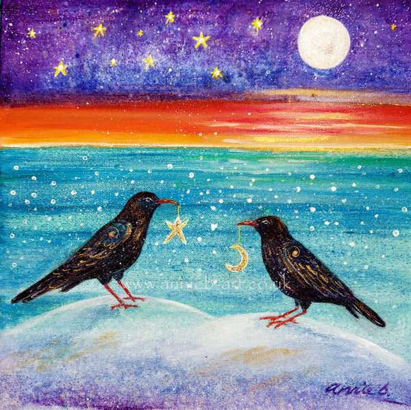 'Cornish Choughs under a starry sky' - original painting