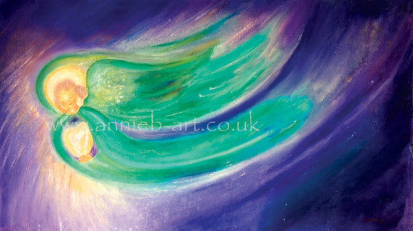 A beautiful turquoise green angel flies through the mystical purple heavens shining her light  down to earth, carrying a golden heart full of love.    Landscape fine art print available with two options to choose from: