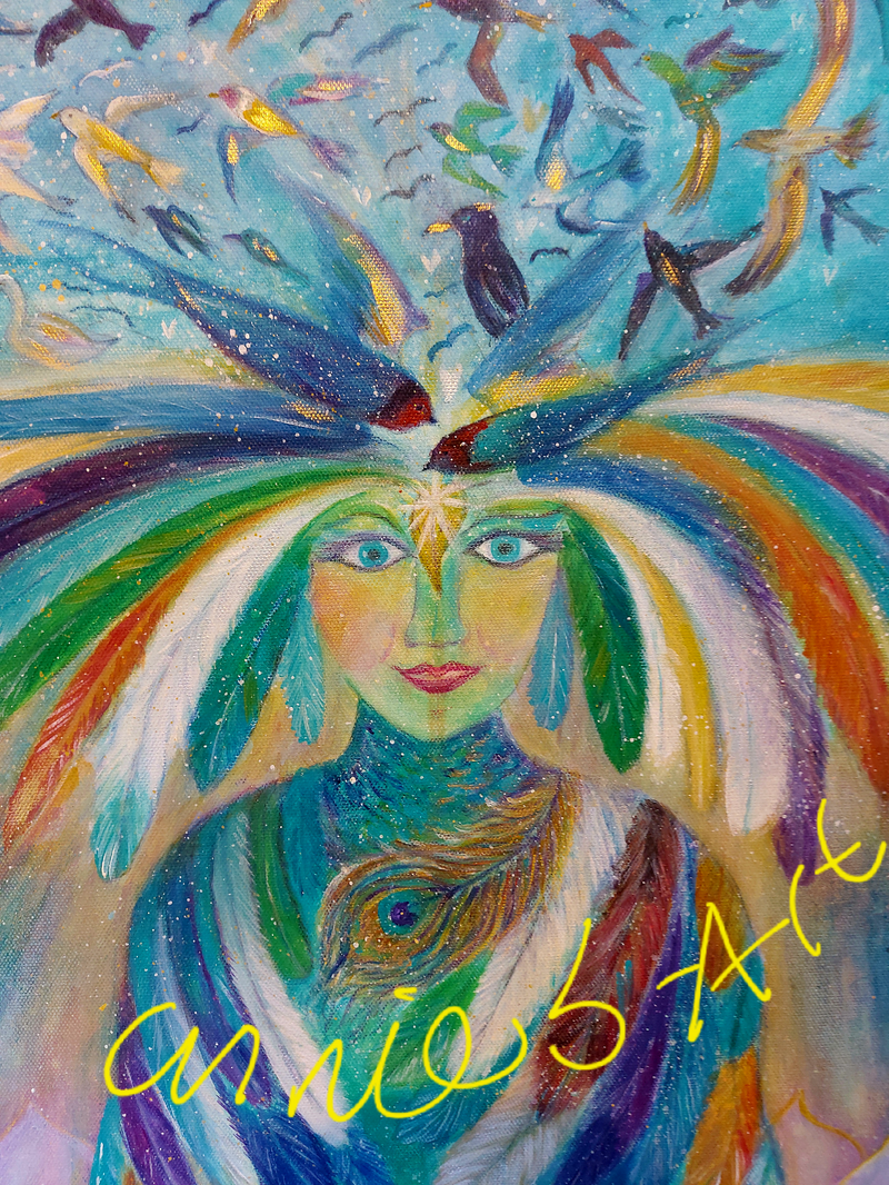 This large painting by Cornish artist annie b. depicts the magic and wonder of  the Goddess of the birds.   This painting brings in the energy of the birds to uplift and inspire  .to teach us to be free.. to  take flight..  be who you really are.  Feel her power and let her fill you and your home with love and confidence .   A mixed medium large  painting on deep edge boxed canvas