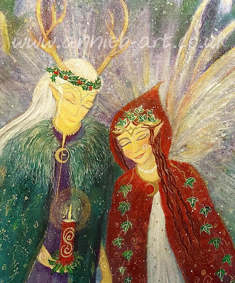 The Holly King holds hands with the Ivy Queen within a stone circle under a new moon as they welcome in the light at the Winter Solstice. A celebration of Yule of love and hope. painting by annie b;