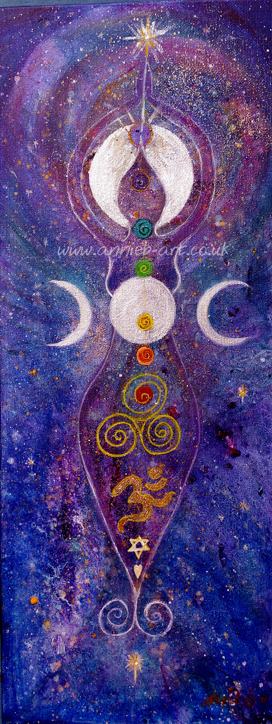 We all have a Goddess within in balance with our chakras, mother earth, lunar moon cycles and all that is..  Aum Shanti. Mixed media painting on deep edge box canvas ready for your walls with a bit of gold and sparkle