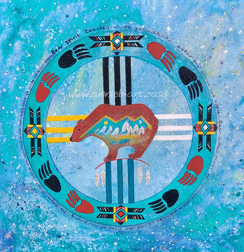 This painting of Bear spirit surrounded by the four directions; of north, south east and west that relate to air, earth fire and water and sits in the medicine circle amongst the galaxy and is part of my animal wisdom series - which is all about opening our hearts to the animals and their love and guidance. Each animal has so much to teach us to help us along our life journey.