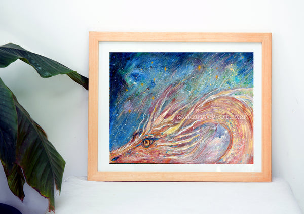  A top quality print of the the painting of this magical Intergalactic Fire Dragon.. so full of energy of the stars along with  fire energy - strong and gentle but grounding...   An inspiring piece for all spaces.  Home office or meditation rooms.