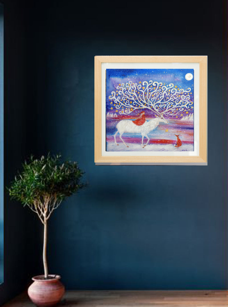 '   The faery the fox and the magical white stag '  - hand finished framed medium size print