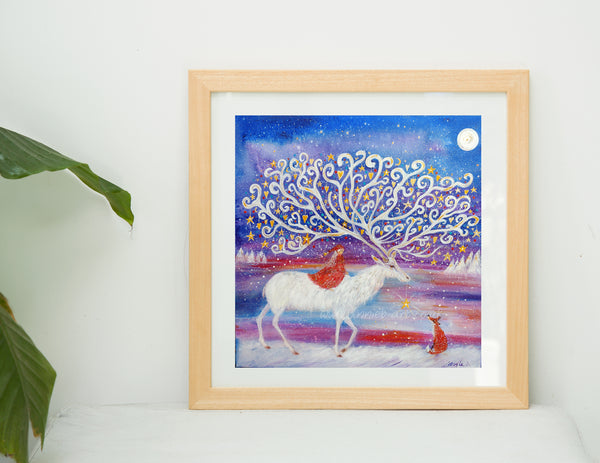 The fairy rides a magical white stag with antlers like a tree with shining stars and baubles to meet her friend fox in a magical wonderland.  Magical art to uplift and inspire. 