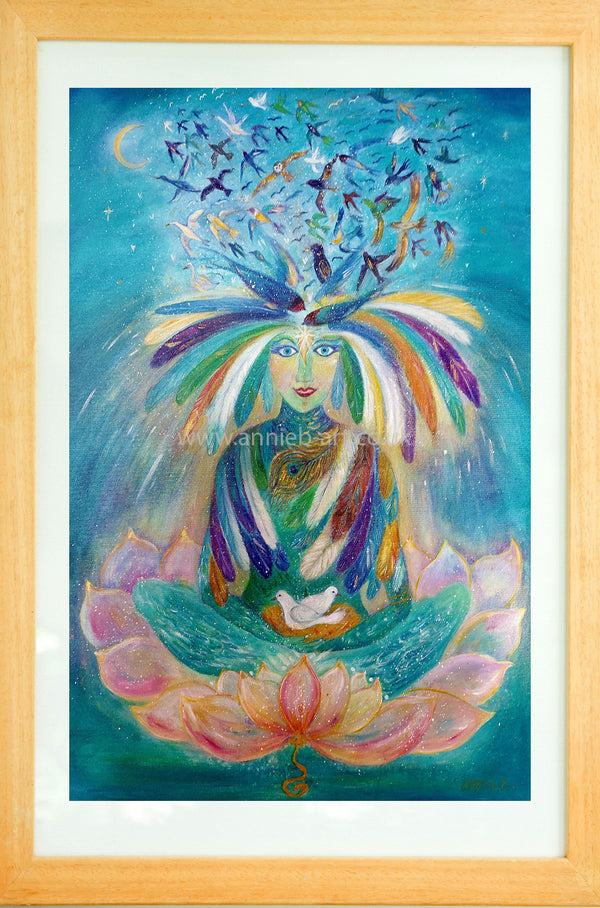 The fine art print of annie b.'s  painting- Goddess of the birds - freedom' and brings in the energy of the birds to uplift and inspire  .to teach us to be free.. to  take flight..  be who you really are.  Feel her power and let her fill you and your home with love and confidence .  Portrait fine art print available with two options to choose from: