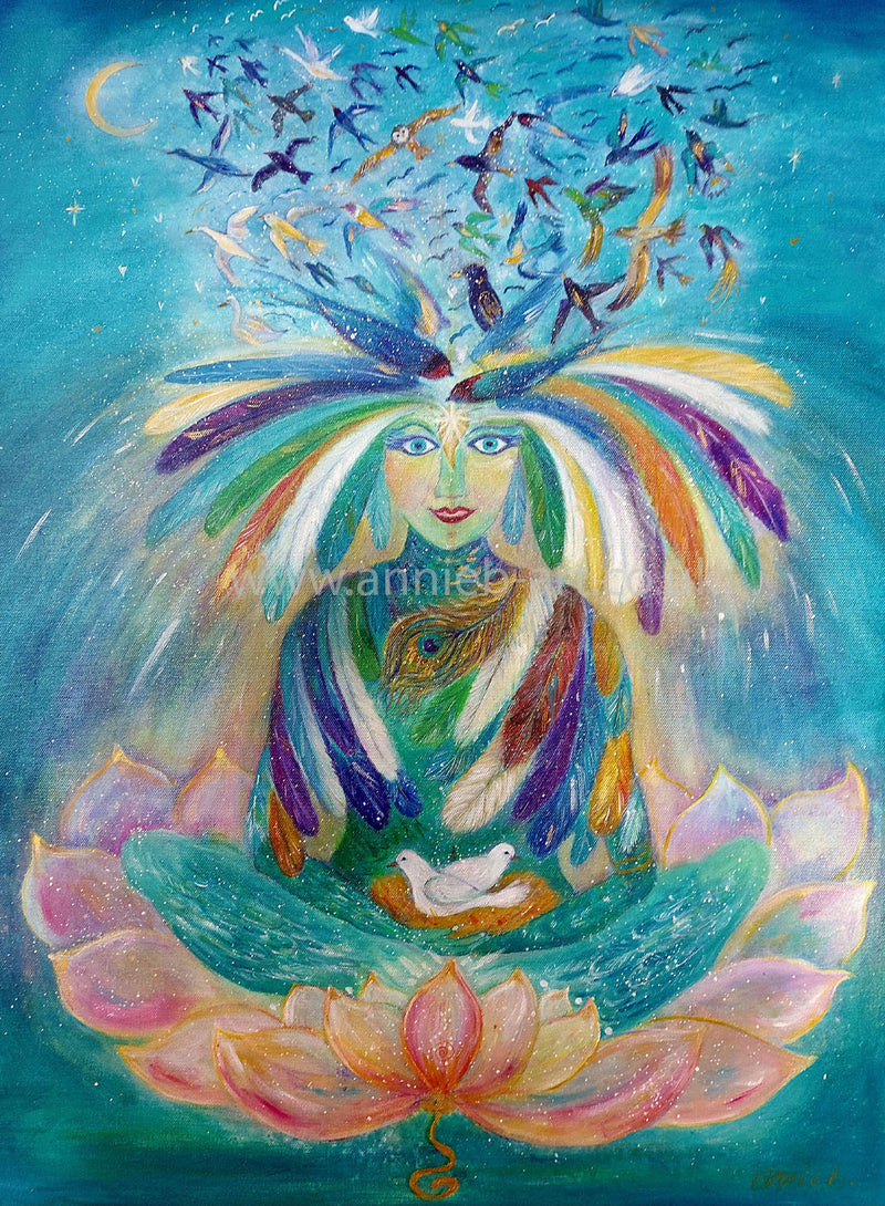 This large painting by Cornish artist annie b. depicts the magic and wonder of  the Goddess of the birds.   This painting brings in the energy of the birds to uplift and inspire  .to teach us to be free.. to  take flight..  be who you really are.  Feel her power and let her fill you and your home with love and confidence .   A mixed medium large  painting on deep edge boxed canvas 