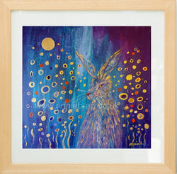 This cheeky golden hare hides amongst the abstract quality of this painting - inspired by the wonderful Klimt . gold on deep turquoise  Beautiful fine art giclee HARE print. animal wisdom Worldwide delivery. Cornish artist annie b.