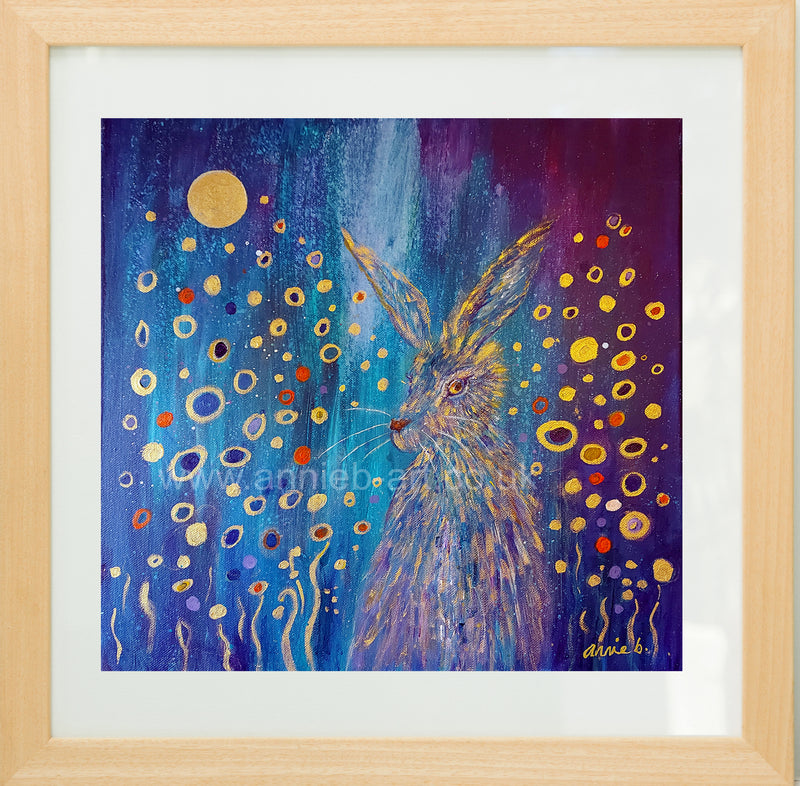 This cheeky golden hare hides amongst the abstract quality of this painting - inspired by the wonderful Klimt . gold on deep turquoise  Beautiful fine art giclee HARE print. animal wisdom Worldwide delivery. Cornish artist annie b.