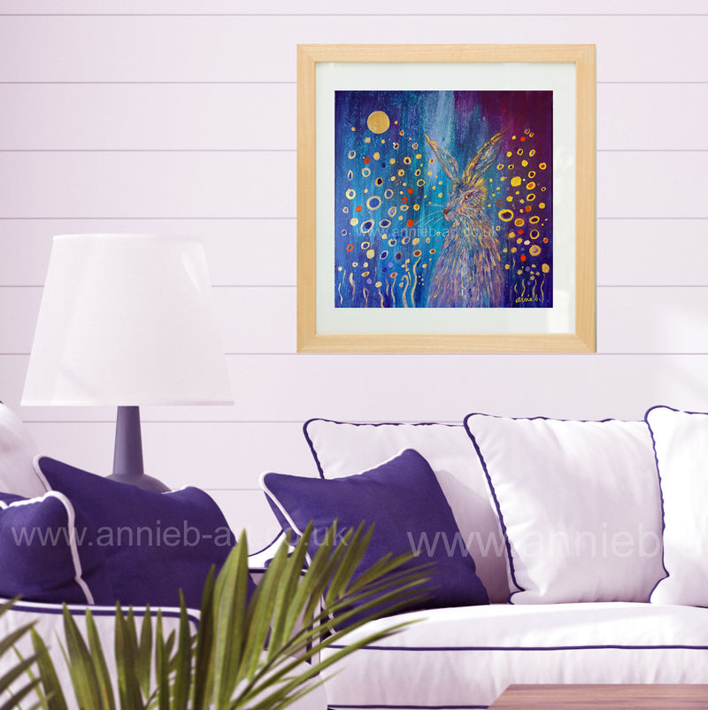 This cheeky golden hare hides amongst the abstract quality of this painting - inspired by the wonderful Klimt . gold on deep turquoise  Beautiful fine art giclee HARE print. animal wisdom Worldwide delivery. Cornish artist annie b.