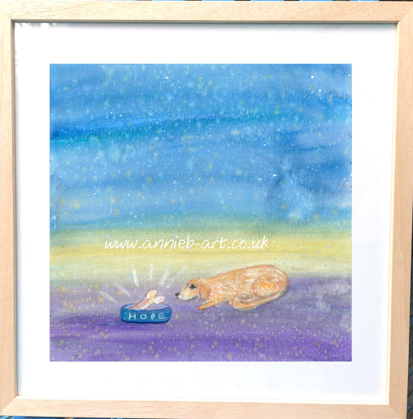 Goldie and his bowl of hope dog painting. Golden retriever. retriever dogs.  pet portraits A mixed medium  painting on watercolour paper mounted, and framed in a light wooden frame  ready for your walls to uplift any space by annie b. dog paintings. cute dogs. 