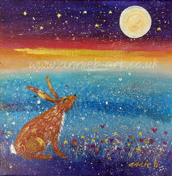 hare painting hare gazing at the full moon under a starry sky small original on canvas by annie b