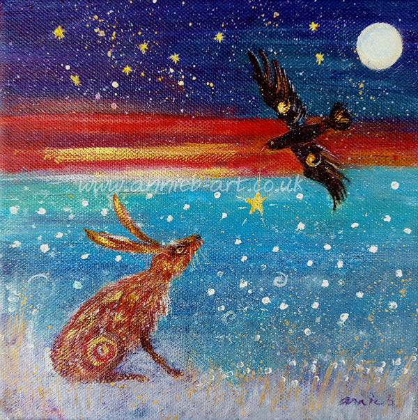 Magical hare sits communicating with a Cornish chough under a full moon starry sky  Mini original magic paintings on deep box canvas with a hint of gold and sparkle  20cm x 20cm