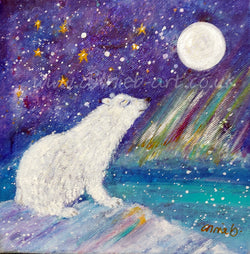 ice bear sits under the full moon on mother earth connecting with the aurora borealis light and stars original painting for kids