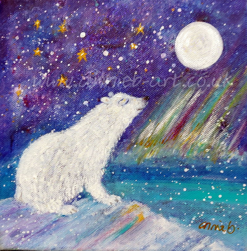 ice bear sits under the full moon on mother earth connecting with the aurora borealis light and stars original painting for kids