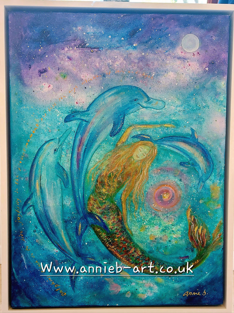 '     - Joyful dolphins swimming with the mermaid '  - original painting