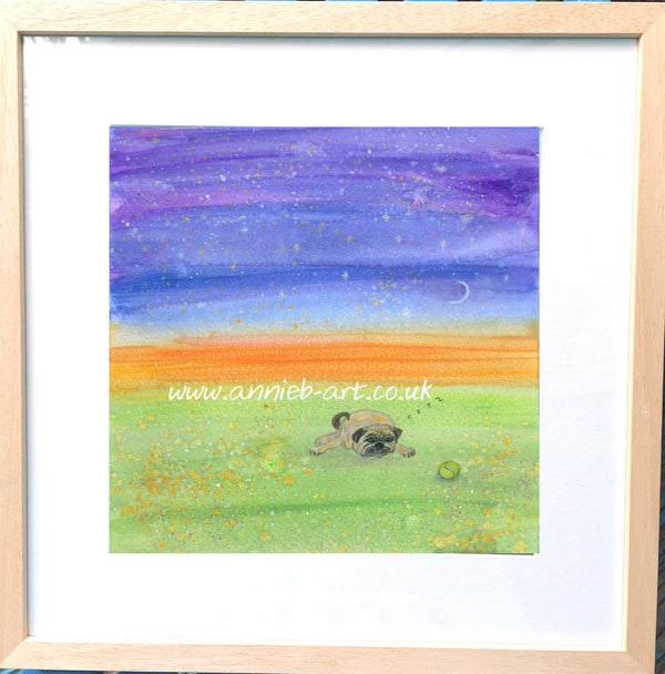 Sleep pug dog . cut dog painting A mixed medium  painting on watercolour paper mounted, and framed in a light wooden frame  ready for your walls to uplift any space by annie b. dog paintings. cute dogs.