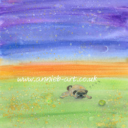 Sleep pug dog . cut dog painting A mixed medium  painting on watercolour paper mounted, and framed in a light wooden frame  ready for your walls to uplift any space by annie b. dog paintings. cute dogs.