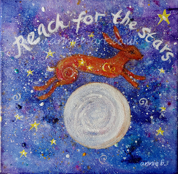 Hare leaps over the moon to the stars to encourage us always to reach for the stars and dream big . Inspiring art for all the family.  Mini painting magic  small mixed media painting on deep edge canvas with a hint of gold  20xm x 20cm by annie b