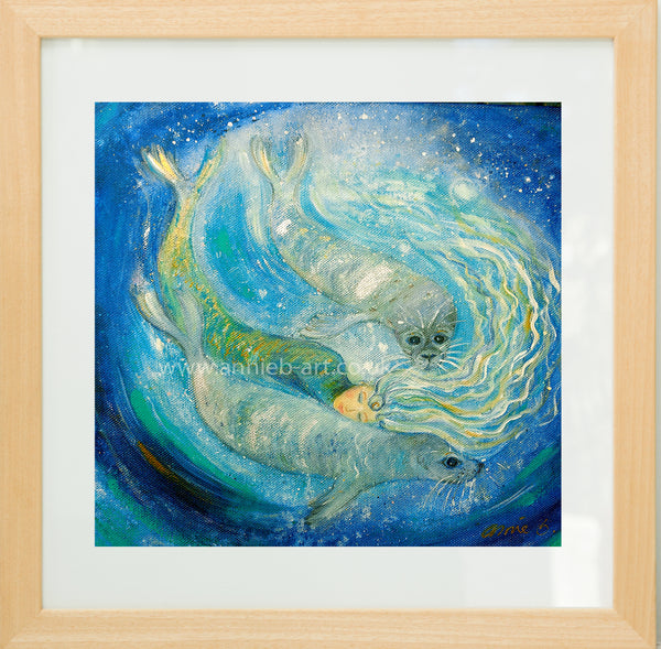 This magical painting by Cornish artist annie b. is now available as a print. She swims with the seals remembering her Selkie self and the Celtic legends. ocean goddess. seal woman art. Celtic art . Celtic myths and legends 