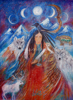 My guides bring me this painting to remind us all to sit and be still like the mountains...  To listen to our hearts and the wisdom of the mother earth and our animal spirits.  Raven is messenger between earth and spirit and comes to remind us to be open to hearing their guidance.   Wolf sits either side of us on our journey for courage and resilience, insight, deep wisdom 