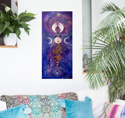 We all have a Goddess within in balance with our chakras, mother earth, lunar moon cycles and all that is..  Aum Shanti. Mixed media painting on deep edge box canvas ready for your walls with a bit of gold and sparkle