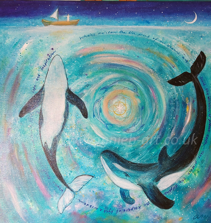 This painting of two Orca whales and a little boat of hope is part of my animal wisdom series - all about opening our hearts to the animals and their love and guidance.&nbsp; Each animal has so much to teach us.

Whales maintain the blue print of our oceans and hold the vibration of planet earth.; They protect the dolphins - the keepers of light and wisdom.& Whales teach us to spread love and light, hope and inspiration.