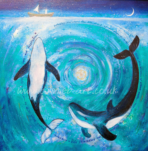 This painting of two Orca whales and a little boat of hope is part of my animal wisdom series - all about opening our hearts to the animals and their love and guidance.&nbsp; Each animal has so much to teach us.

Whales maintain the blue print of our oceans and hold the vibration of planet earth.&nbsp; They protect the dolphins - the keepers of light and wisdom.&nbsp; Whales teach us to spread love and light, hope and inspiration.

mixed medium on deep edge box canvas ready for your walls