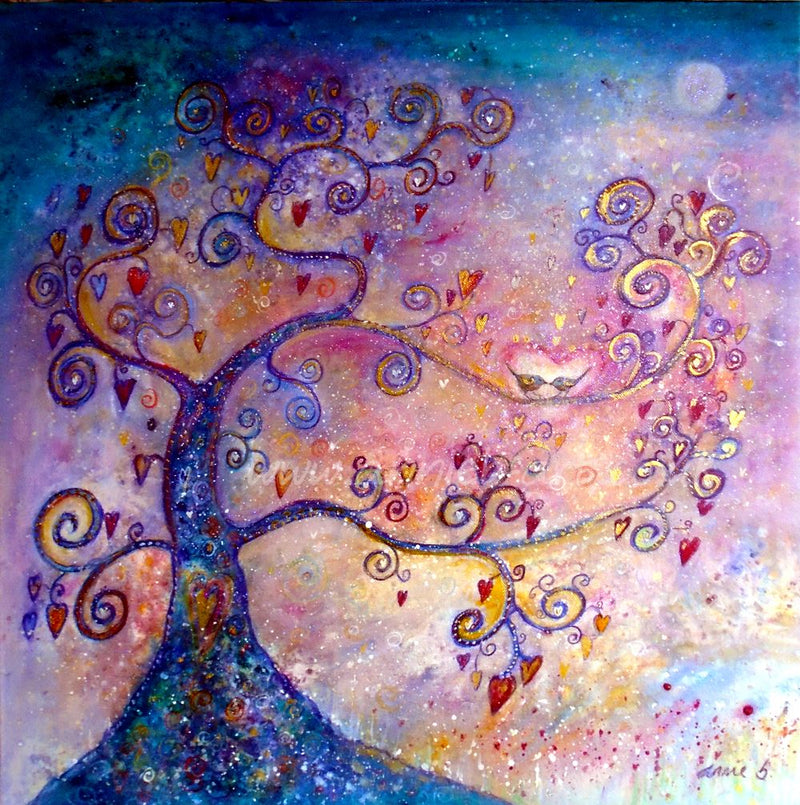 Two love birds sing together in the magical tree of love behind a magical turquoise and pink sky.  A magical piece of art for your home, wellbeing centre or home ready to go on the walls . Love series print for anniversaries, wedding gift, or special art for your loved ones.  Square format fine art print available with two options to choose from printed in Cornwall: