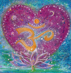 Sacred Aum heart - A magical small textured original painting of the Sacred Aum/ Om symbolizing all of creation - all that is, was and will ever be... The Aum symbol sitting in yellow and gold in a pink heart growing from a lotus flower.. sprinkled with gold and sparkles  A mixed medium small painting on deep edge box canvas with a hint of sparkle and gold.  Size approx 20cm x 20cm.  Ready for your walls at home, yoga studio or meditation rooms.